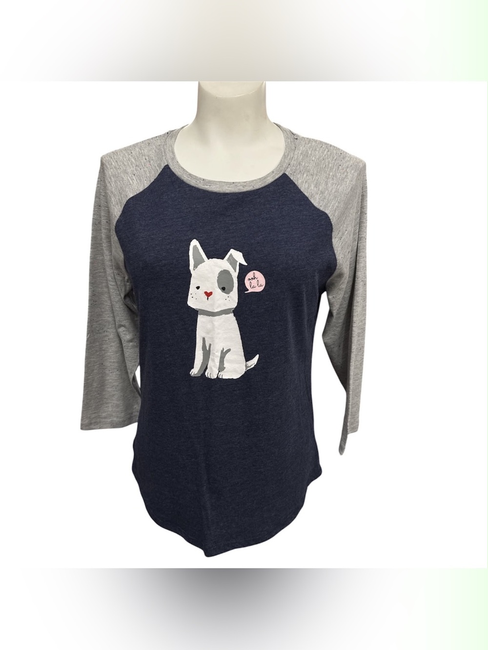Ellen Degeneres Navy & Gray Raglan Long Sleeve Top with Puppy Graphic Size M